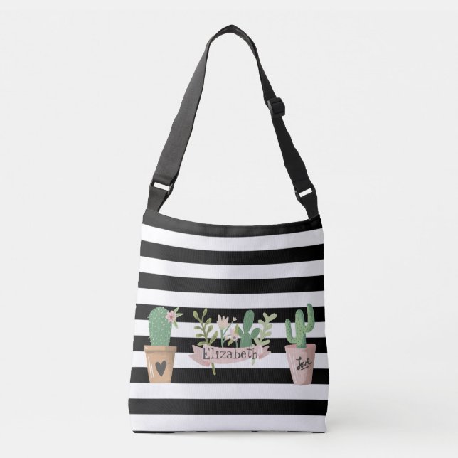 Cactus Flower Black White Stripes  Crossbody Bag (Front)
