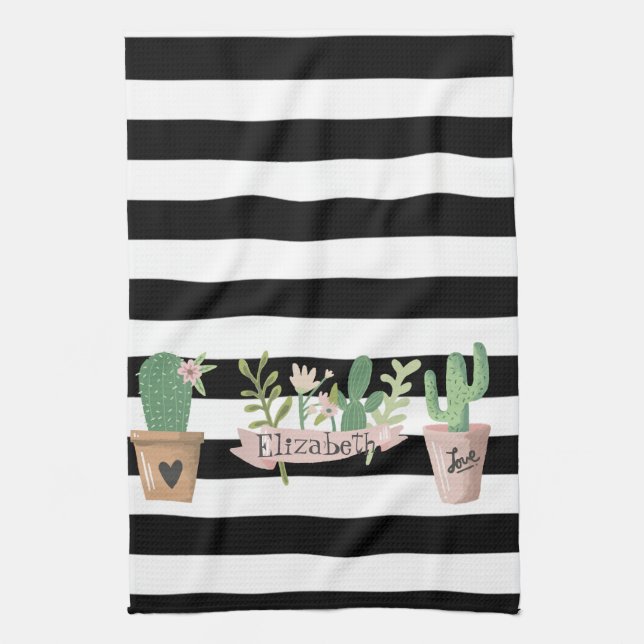 Cactus Flower Black White Stripes  Tea Towel (Vertical)