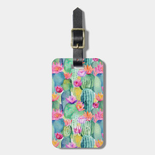 Cactus Flower INITIALS Watercolor Art Desert Luggage Tag