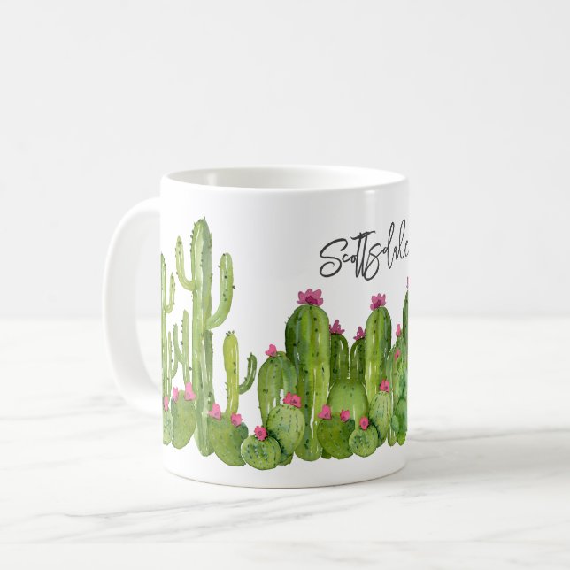 Cactus Flowers Green Pink Text Desert Keepsake Fun Coffee Mug (Front Left)