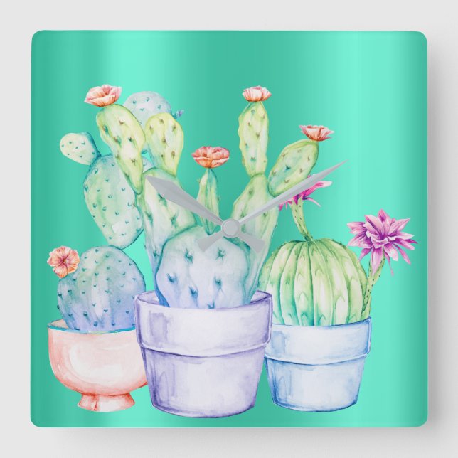 Cactus Flowers Mint Pink Peach Coral Painting Square Wall Clock (Front)