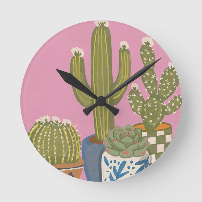 Cactus Flowers Pink Round Clock (Front)