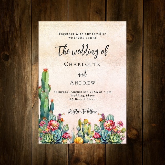 Cactus flowers rustic rose gold luxury wedding  invitation (Creator Uploaded)