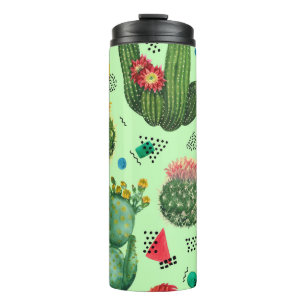 Cactus Flowers: Watercolor Geometric Background. Thermal Tumbler