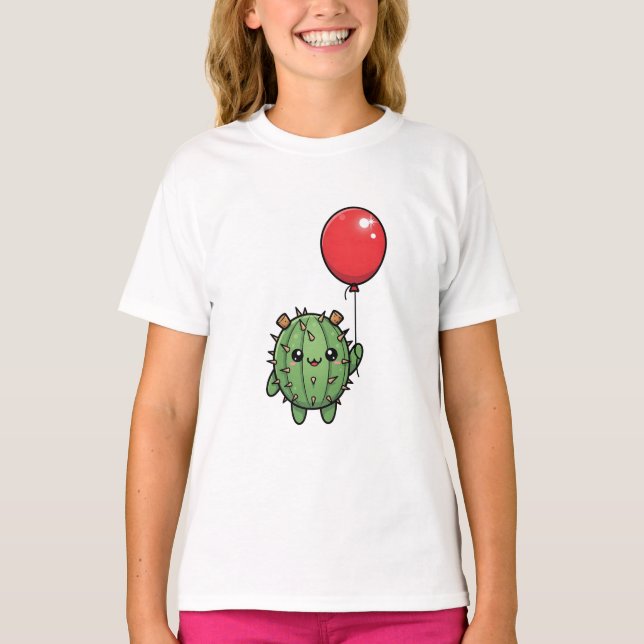 Cactus Friend with Red Balloon Kids T-Shirt (Front)