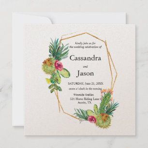 Cactus Geometric Gold Frame Wedding Invitation
