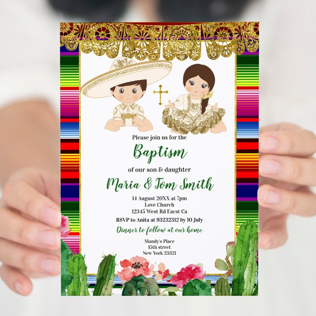 Cactus gold Baptism Fiesta Twin Invitation (Creator Uploaded)