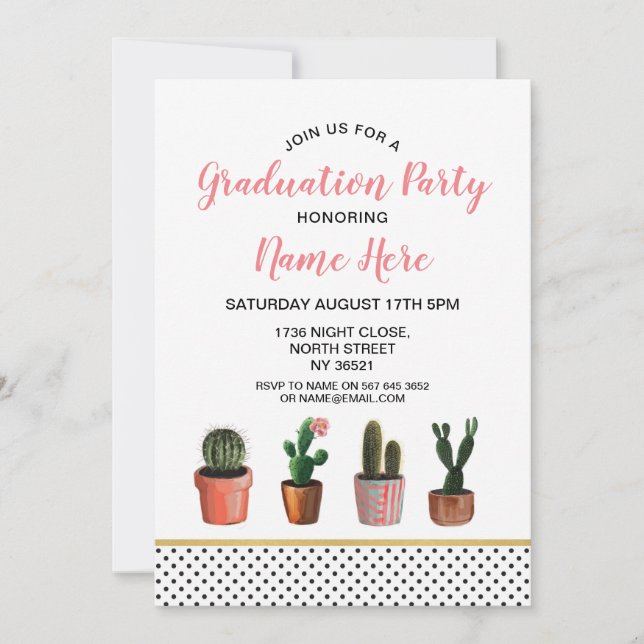Cactus Graduation Party Gold Cactus Pretty Invite (Front)