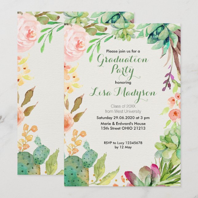 Cactus Graduation Party Invitation Southwestern (Front/Back)