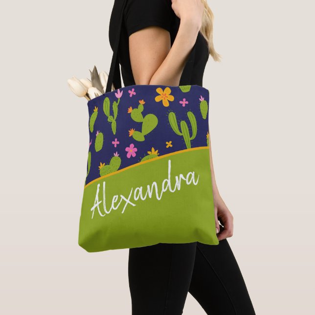 Cactus Green Pink Blue Pattern Personalised Tote Bag (Close Up)