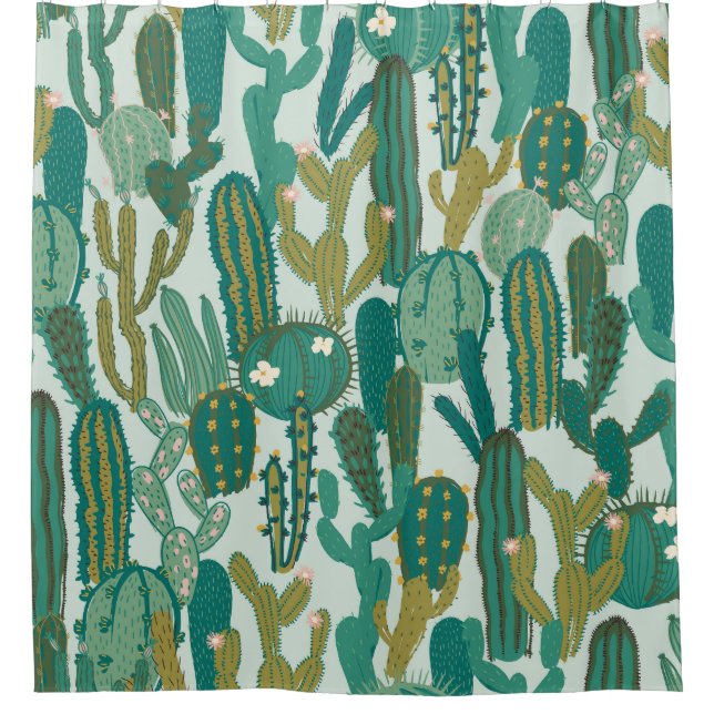 Cactus Green Repeated Vintage Texture Shower Curtain (Front)