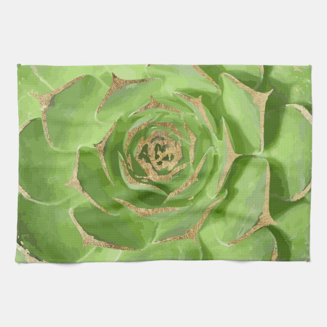 Cactus Green Succulent with Faux Gold Tips Tea Towel (Horizontal)