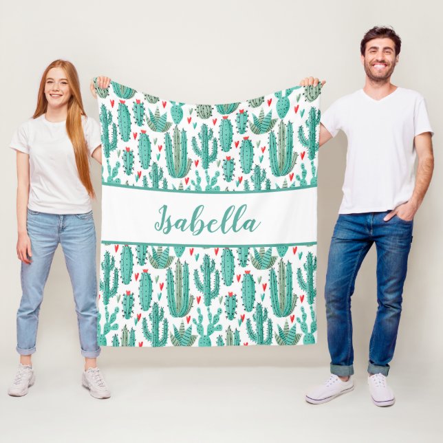 Cactus green white pattern monogram fleece blanket (In Situ)