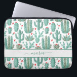 Cactus green white pattern monogram laptop sleeve<br><div class="desc">A chic white background decorated with a whimsical pattern of painted cactus, cacti and succulents and red and green hearts. For teen girls and women. Personalise and add your name. The name is written with a large modern hand lettered style script. Green coloured letters. To keep the swashes only delete...</div>
