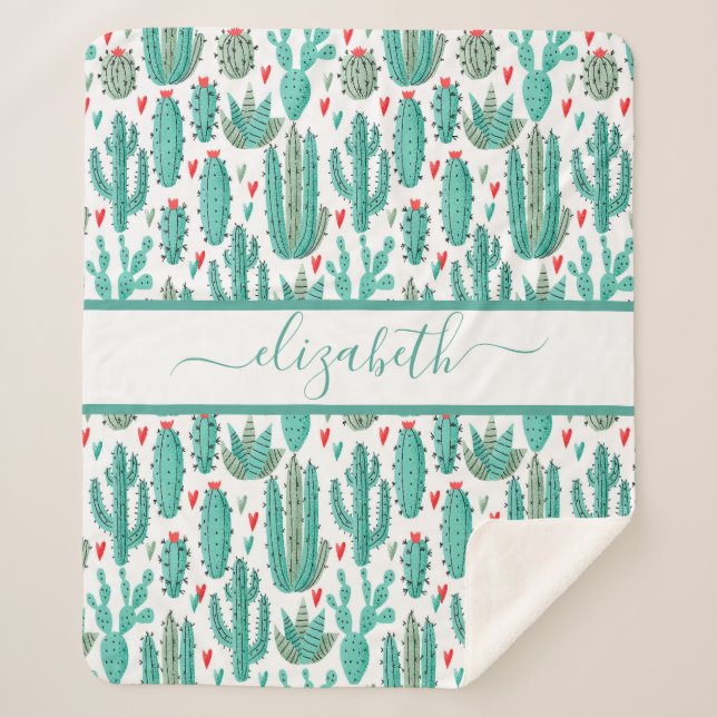 Cactus green white pattern monogram sherpa blanket (Front)