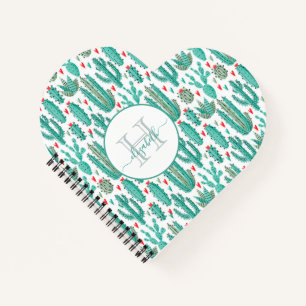 Cactus green white pattern monogrammed notebook