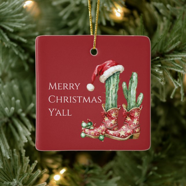 Cactus Hat Stars Western Cowboy Boots Christmas Ceramic Ornament (Tree)