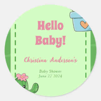 Cactus Hello Baby Shower Green Pink Grass Classic Round Sticker