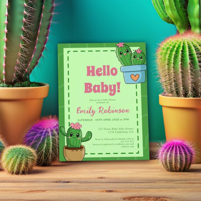 Cactus Hello Baby Shower Green Pink Grass Invitation (Creator Uploaded)