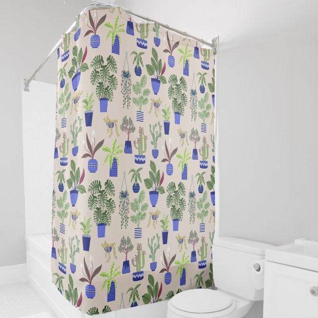 Cactus Houseplant Pattern Pink Shower Curtain (Cactus cacti and succulents - houseplants in blue pots on a blush pink background)