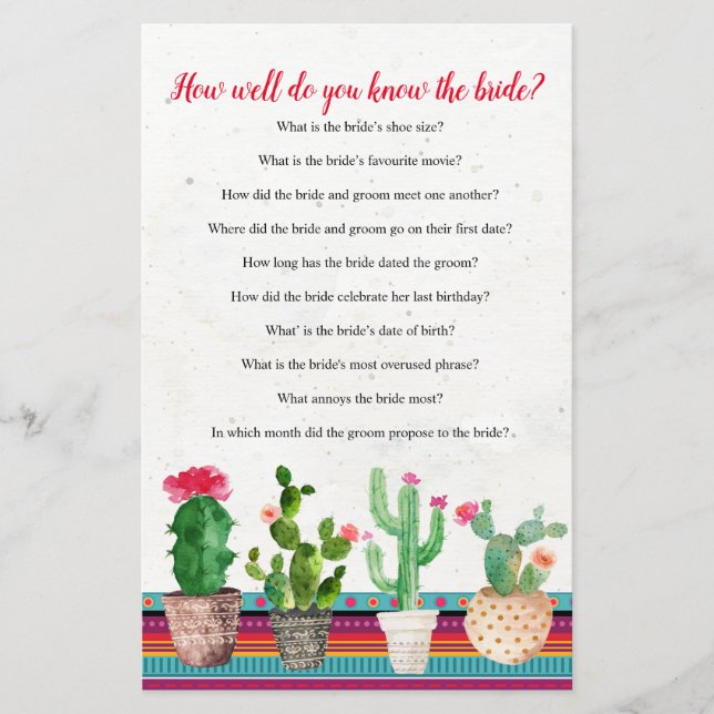 Cactus How well do you know The Bride Game card (Front)