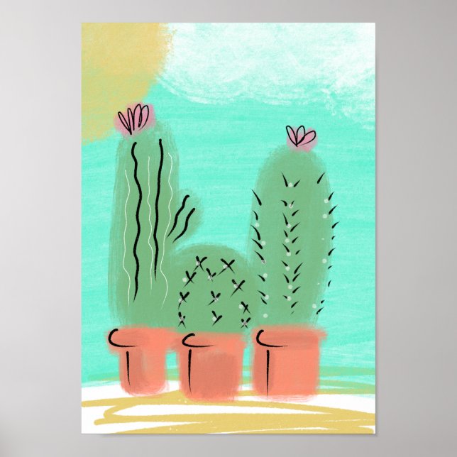 Cactus in Pots Sun Scenic Illustration Poster (Front)