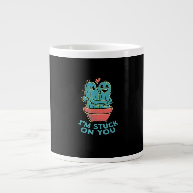 Cactus Joke Im Stuck On You Retro Succulent Couple Large Coffee Mug (Front)