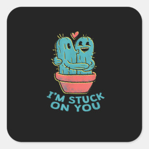 Cactus Joke Im Stuck On You Retro Succulent Couple Square Sticker