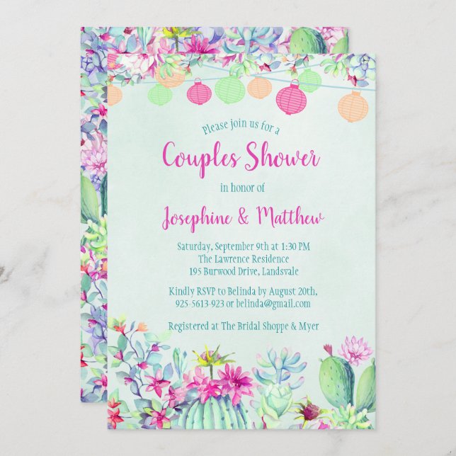 Cactus Lantern Fiesta Couples Shower Invitations (Front/Back)