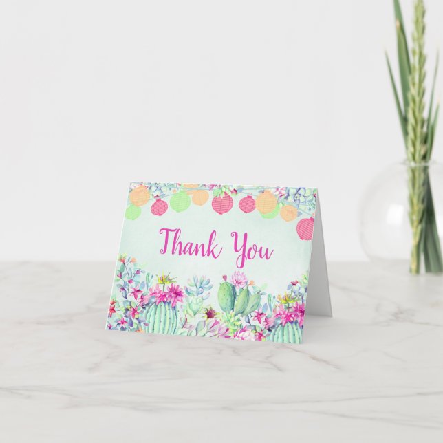 Cactus Lantern FiestaSucculents Watercolor Wedding Thank You Card (Front)