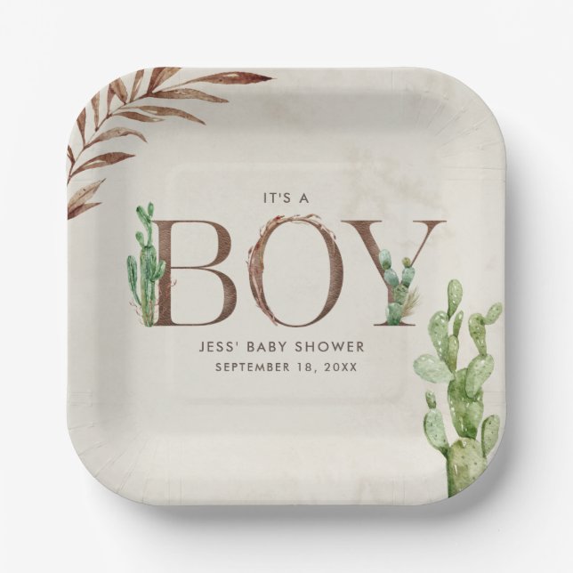 Cactus Leather Boy Baby Shower Paper Plate (Front)