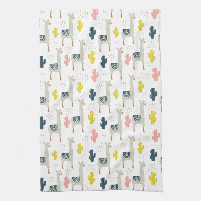 Cactus & Llamas Pattern Tea Towel (Vertical)