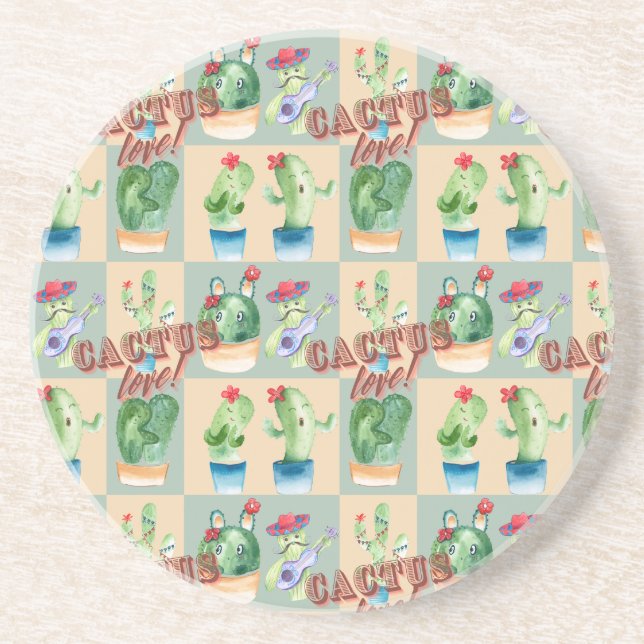 cactus love - watercolor pattern coaster (Front)