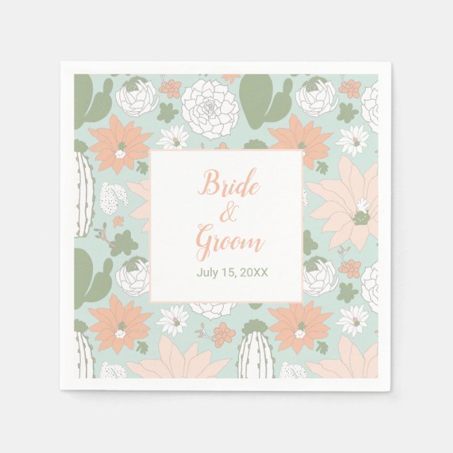 Cactus Mint Peach Floral Pattern Napkin (Front)