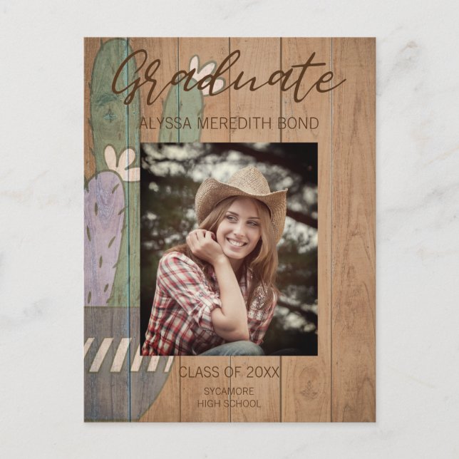 Cactus Modern Rustic Wood Photo Graduation Postcard (Front)