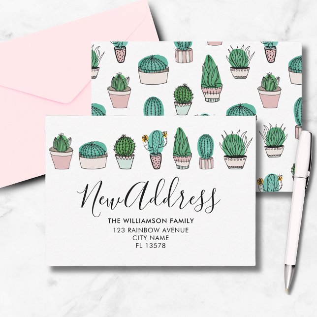 Cactus Moving Announcement Plants (Cactus house plant new home moving announcement notecard. From artists own illustrations.)