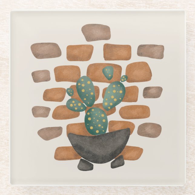 Cactus Oasis: Brick Wall Decor Inspired by Nature Glass Coaster (Front)