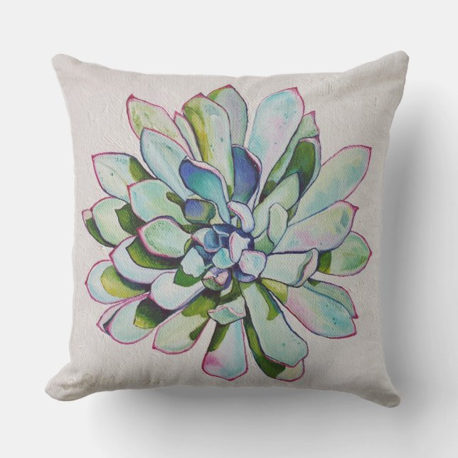 Cactus oil painting magenta tipped leaves cushion (Front)