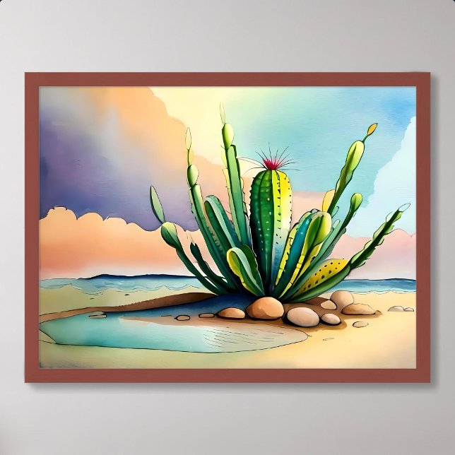 cactus painting lush near rock desert water source poster (cactus painting lush near rock desert water source)