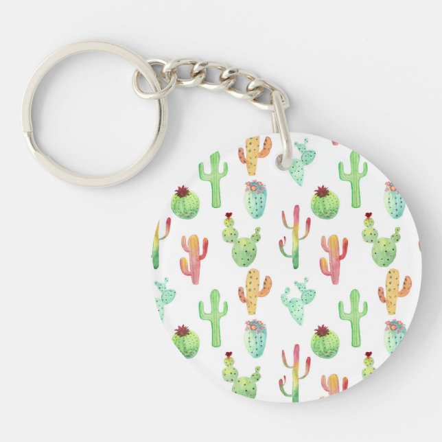 Cactus Pastel Watercolor Pattern Key Ring (Front)