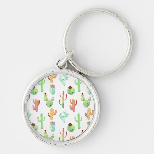 Cactus Pastel Watercolor Pattern Key Ring (Front)