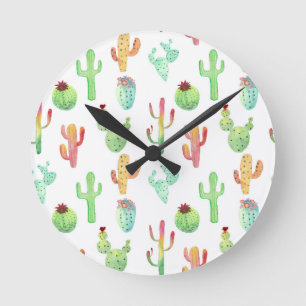 Cactus Pastel Watercolor Pattern Round Clock