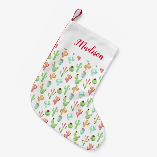 Cactus Pastel Watercolor Pattern Small Christmas Stocking (Front (Hanging))