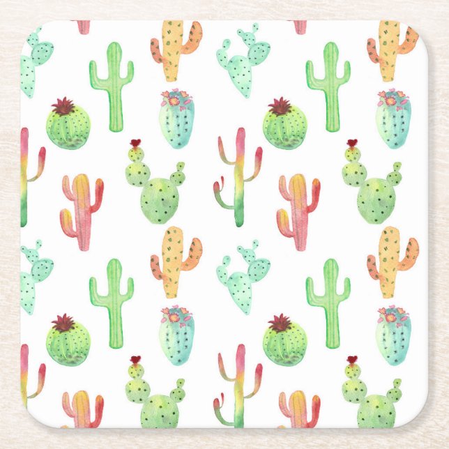 Cactus Pastel Watercolor Pattern Square Paper Coaster (Front)