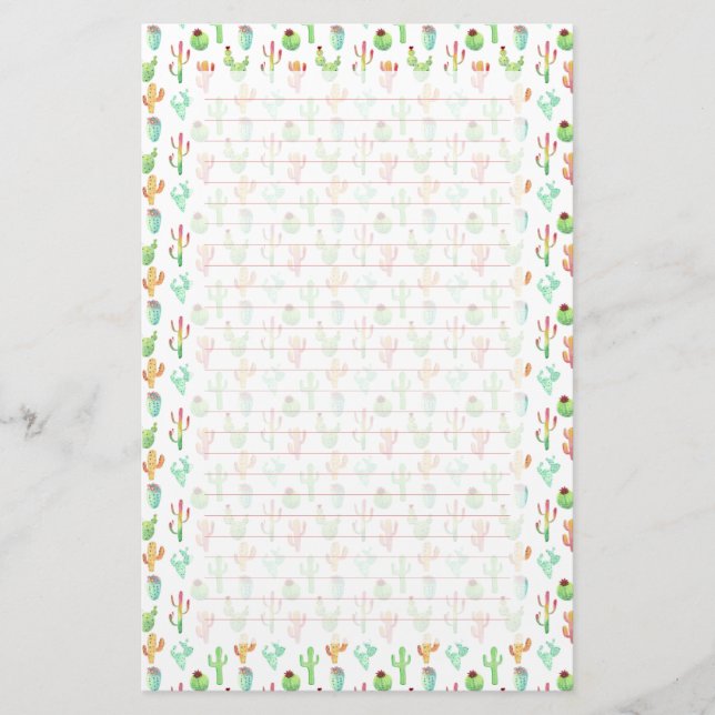 Cactus Pastel Watercolor Pattern Stationery (Front)