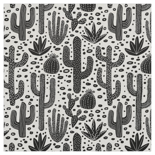 Cactus Pattern - Black and White Fabric (Swatch)