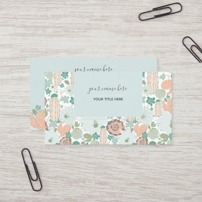 Cactus Pattern Coral Mint Green Business Card (Front/Back In Situ)