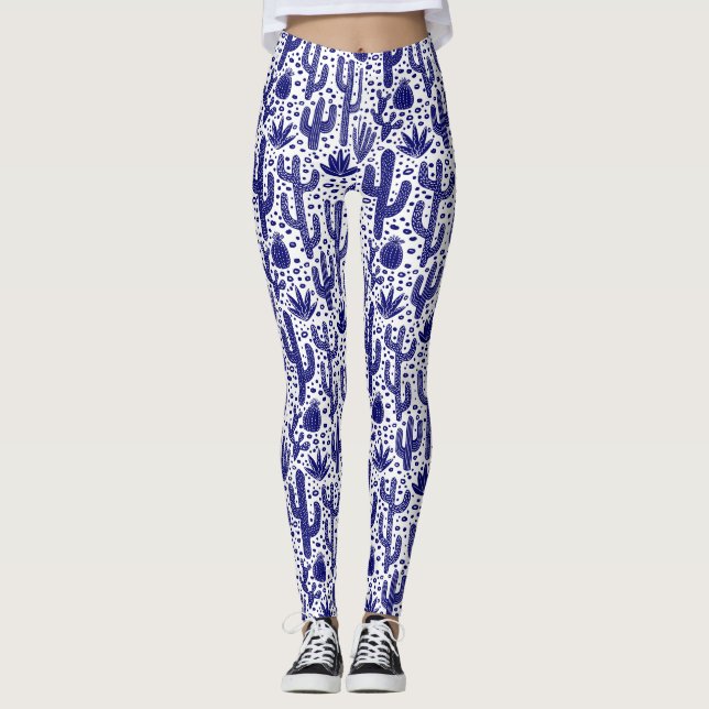 Cactus Pattern - Dark Blue and White Leggings (Front)