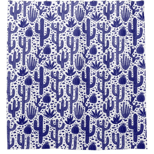 Cactus Pattern - Dark Blue and White Shower Curtain (Front)