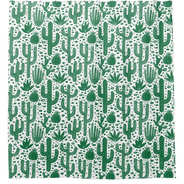 Cactus Pattern - Forest Green and White Shower Curtain (Front)